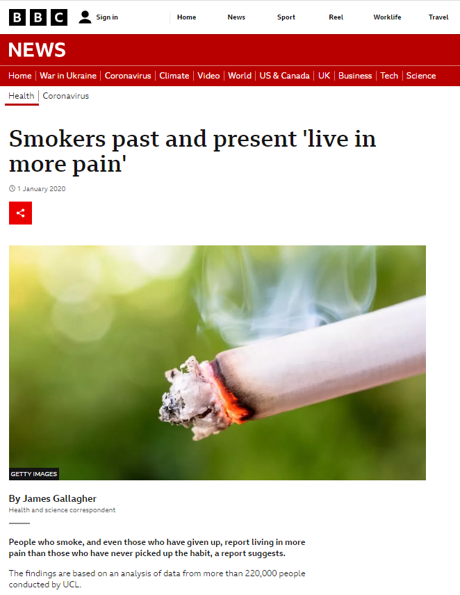 Screenshot of the BBC News article 'Smokers past and present live in more pain'